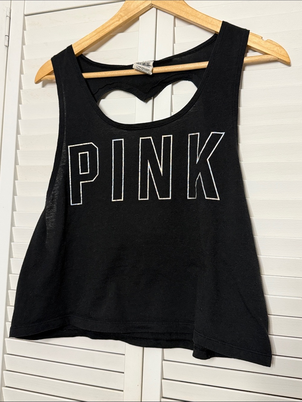 PINK Victoria's Secret Black Cropped Logo Tank with Heart Cutout